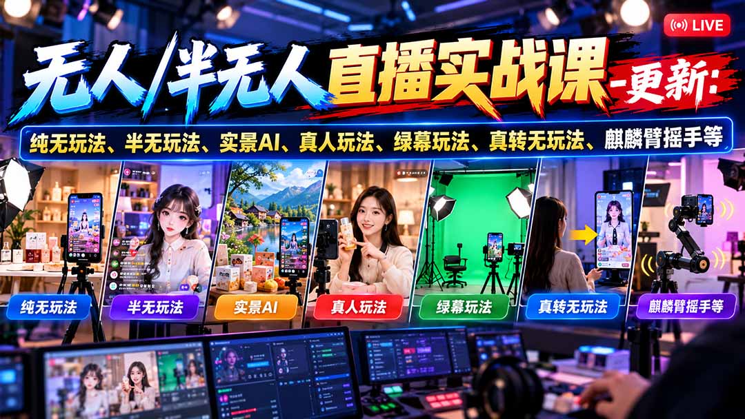 无人/半无人直播实战课-10月20更新:纯无玩法、半无玩法、实景AI、真人玩法、绿幕玩法、真转无玩法、麒麟臂摇手等-卿云社