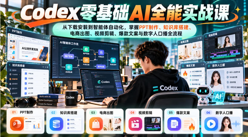 Codex零基础AI全能实战课：从下载安装到智能体自动化，掌握知识库搭建、电商出图、视频剪辑、爆款文案与数字人口播全流程-卿云社