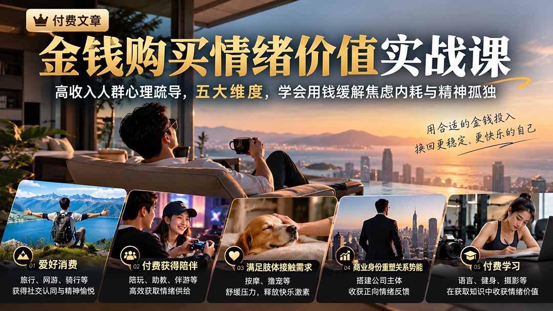 付费文章：金钱购买情绪价值实战课｜高收入人群心理疏导，五大维度，学会用钱缓解焦虑内耗与精神孤独-卿云社