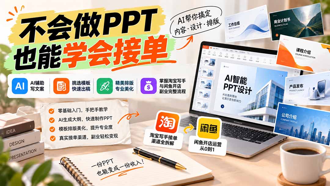 不会做PPT也能学会接单:AI辅助写文案、挑模板、做排版,掌握淘宝写手与闲鱼开店副业完整流程-卿云社