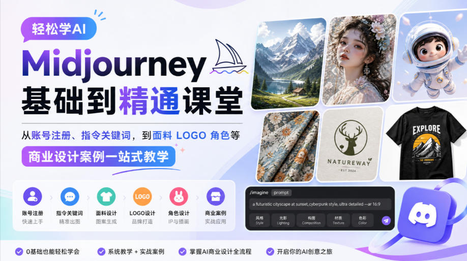 轻松学AI Midjourney基础到精通课堂,从账号注册、指令关键词,到面料LOGO角色等商业设计案例一站式教学-卿云社