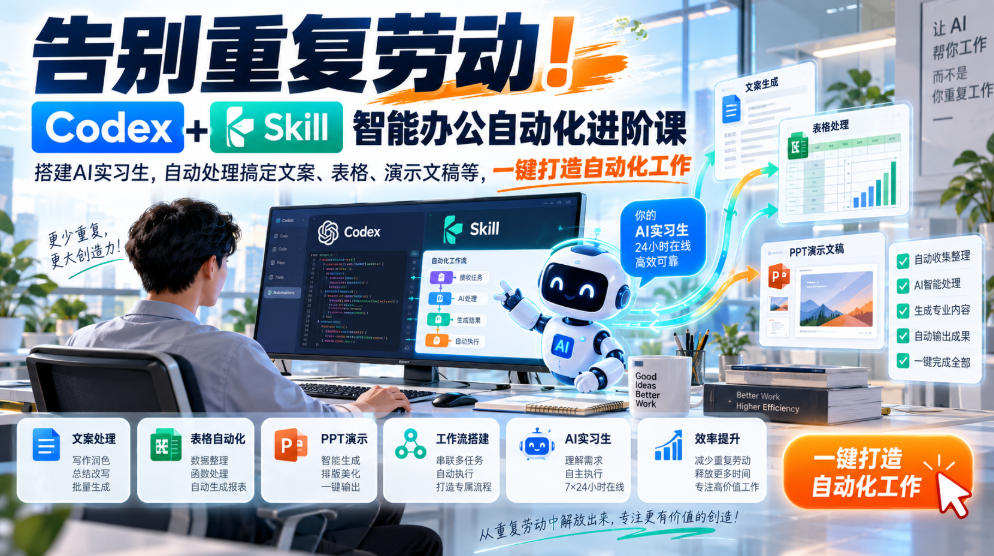 告别重复劳动！Codex+Skill智能办公自动化进阶课｜搭建AI实习生，自动处理搞定文案、表格、演示文稿等，一键打造自动化工作-卿云社
