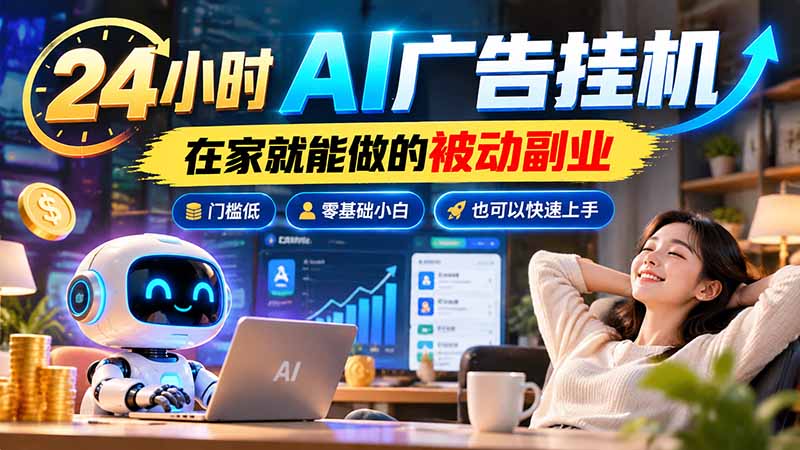 24小时AI广告挂机｜在家就能做的被动副业，门槛低，零基础小白也可以快速上手-卿云社