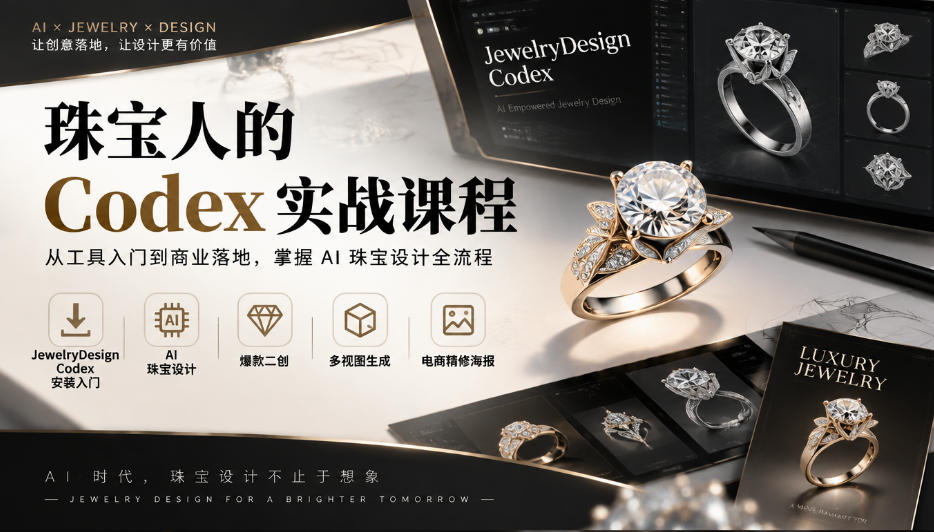 珠宝人的Codex实战课程｜JewelryDesign Codex安装入门、AI珠宝设计、爆款二创、多视图生成、电商精修海报全链路教学-卿云社