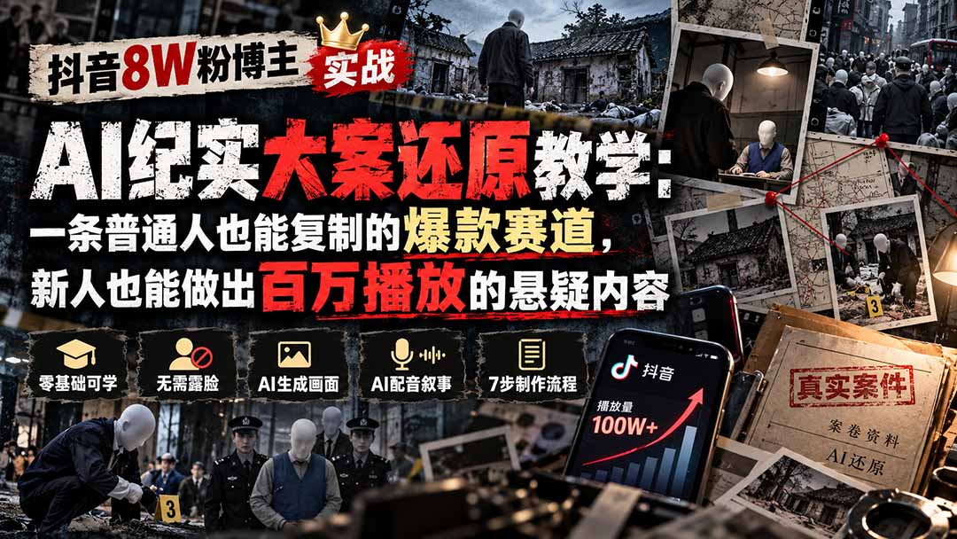 抖音8W粉博主AI纪实大案还原教学:一条普通人也能复制的爆款赛道,新人也能做出百万播放的悬疑内容-卿云社