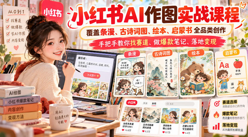 小红书AI作图实战课程，覆盖条漫、古诗词图、绘本、启蒙书全品类创作，手把手教你找赛道、做爆款笔记、落地变现(更新1017)-卿云社