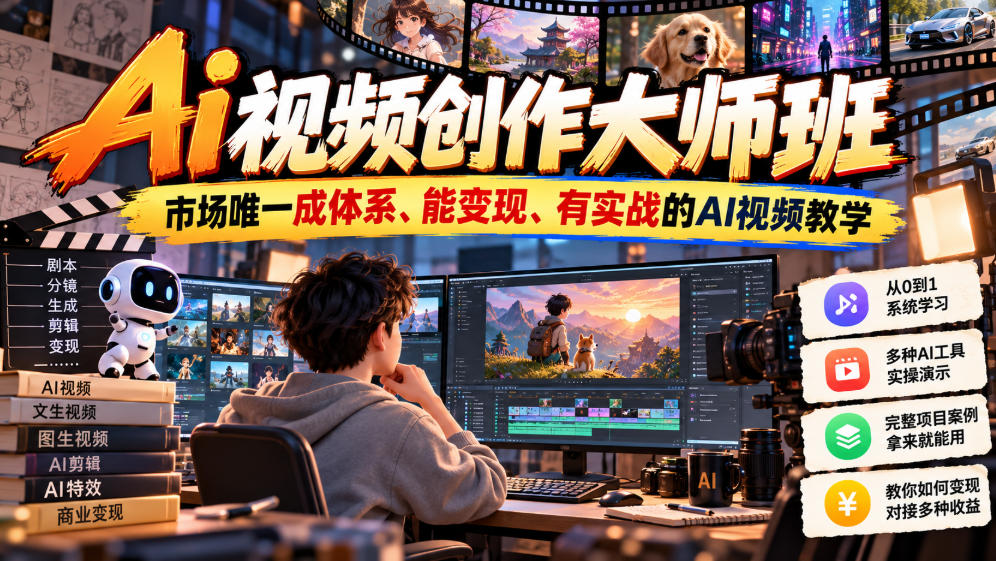 Ai视频创作大师班,市场唯一成体系、能变现、有实战的AI视频教学(更新2026)-卿云社