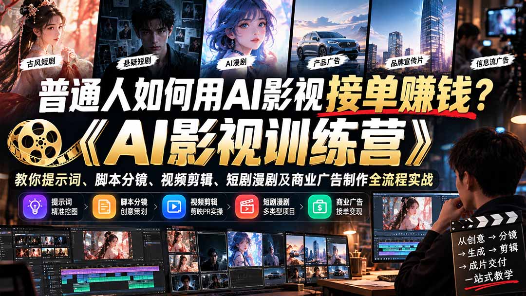 普通人如何用AI影视接单赚钱？《AI影视训练营》教你提示词、脚本分镜、视频剪辑、短剧漫剧及商业广告制作全流程实战-卿云社