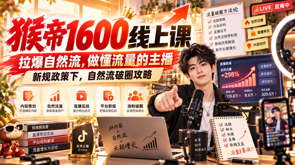 猴帝1600线上课,拉爆自然流,做懂流量的主播,新规政策下,自然流破圈攻略【更新261023】-卿云社