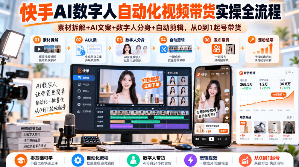 快手AI数字人自动化视频带货实操全流程｜素材拆解+AI文案+数字人分身+自动剪辑，从0到1起号带货(更新26年)-卿云社