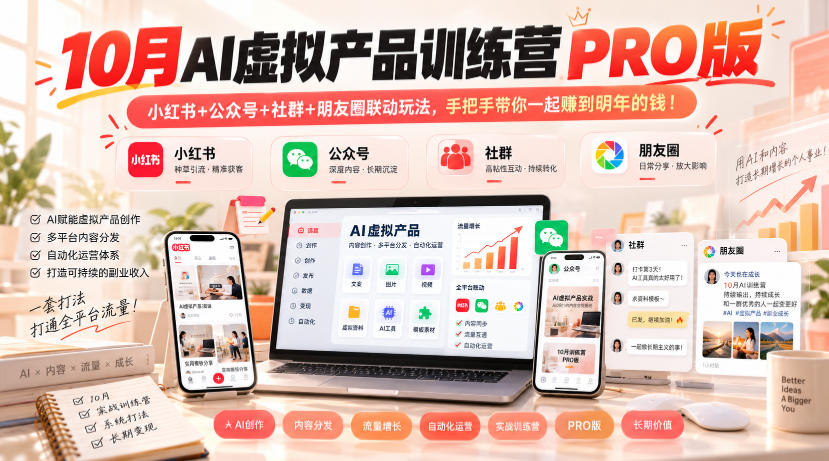 10月AI虚拟产品训练营PRO版，小红书+公众号+社群+朋友圈联动玩法，手把手带你一起赚到明年的钱！-卿云社