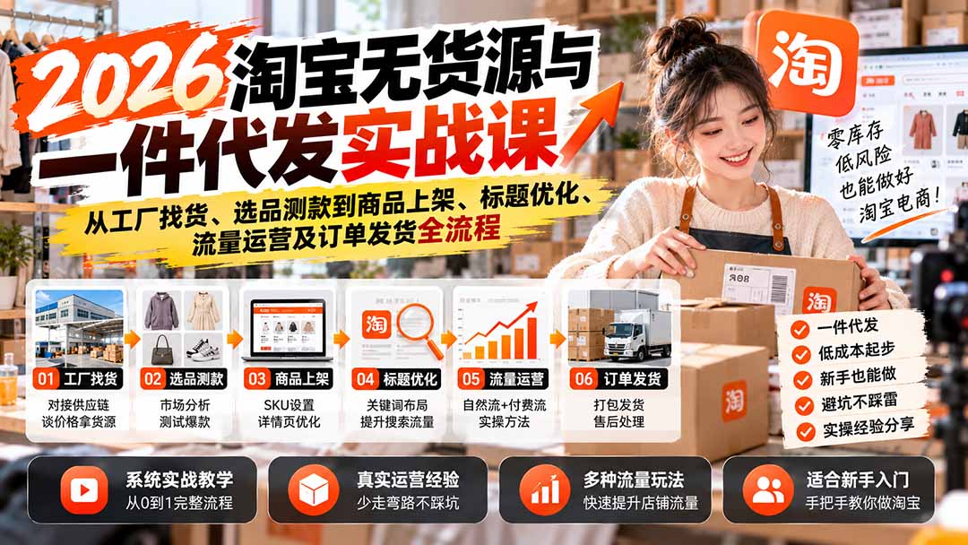 2026淘宝无货源与一件代发实战课：从工厂找货、选品测款到商品上架、标题优化、流量运营及订单发货全流程-卿云社