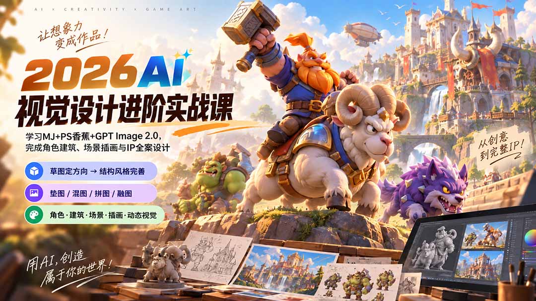 2026AI视觉设计进阶实战课-更新1007：学习MJ+PS香蕉+GPT Image 2.0，完成角色建筑、场景插画与IP全案设计-卿云社