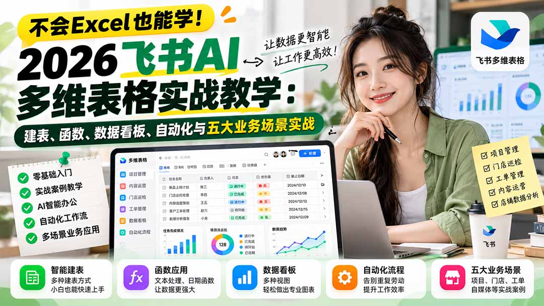 不会Excel也能学！2026飞书AI多维表格实战教学：建表、函数、数据看板、自动化与五大业务场景实战-卿云社