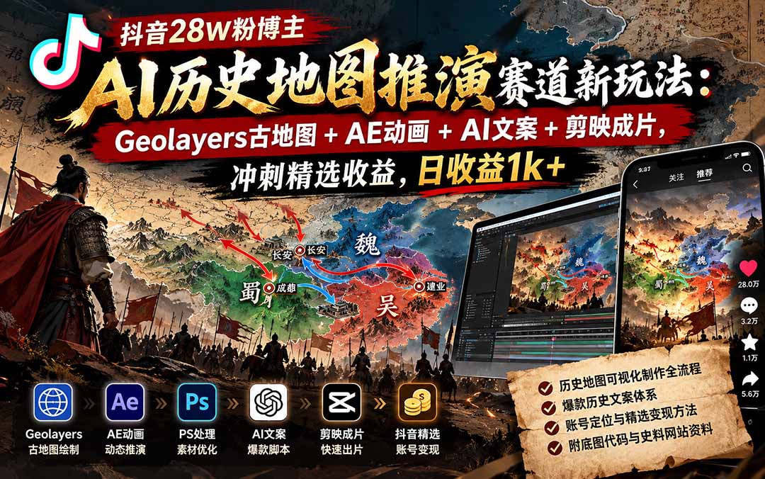 抖音28W粉博主AI历史地图推演赛道新玩法：Geolayers古地图+AE动画+AI文案+剪映成片，冲刺精选收益，日收益1k+-卿云社