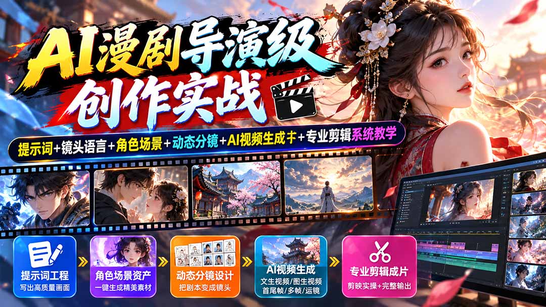 AI漫剧导演级创作实战：提示词+镜头语言+角色场景+动态分镜+AI视频生成+专业剪辑系统教学-卿云社