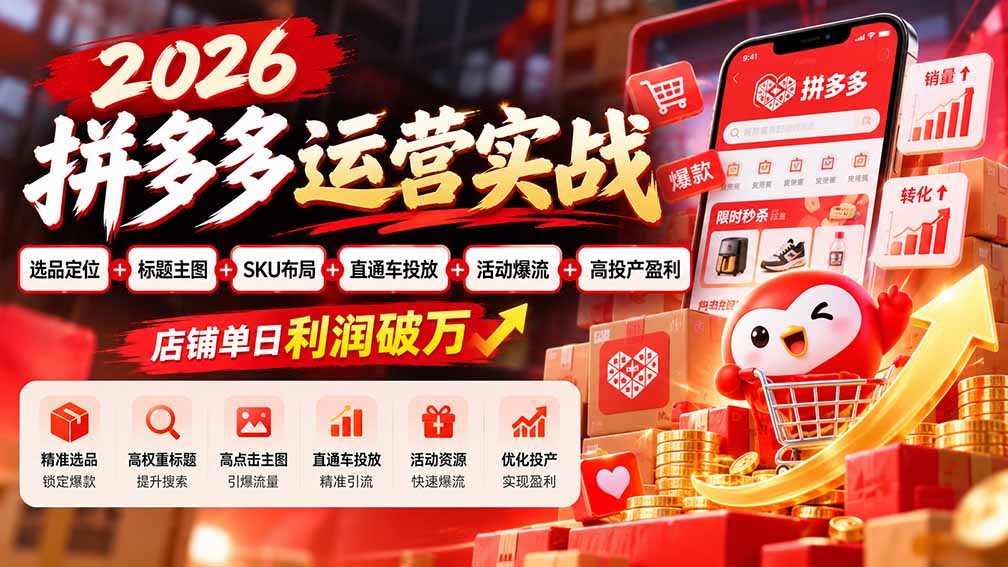 2026拼多多运营实战-更新1002:选品定位+标题主图+SKU布局+直通车投放+活动爆流+高投产盈利 店铺单日利润破万-卿云社