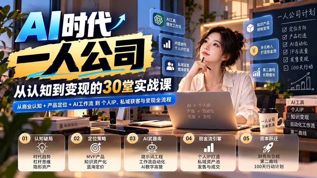 【无水印】AI时代一人公司30堂实战课：从商业认知+产品定位+AI工作流到个人IP、私域获客与变现全流程-卿云社