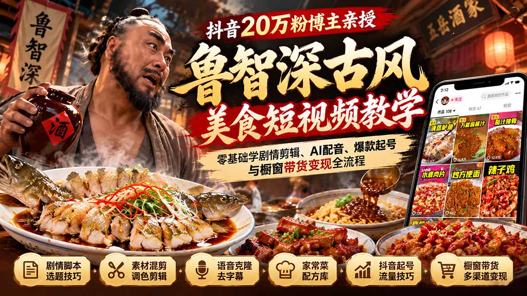 抖音20万粉博主亲授鲁智深古风美食玩法：零基础学剧情剪辑、AI配音、爆款起号与橱窗带货变现全流程-卿云社
