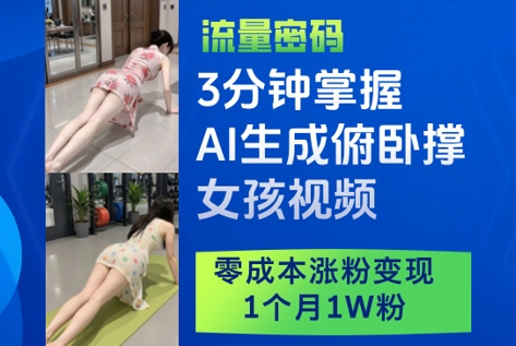 3分钟掌握AI生成俯卧撑女孩视频，零成本涨粉变现，1个月1W粉-卿云社