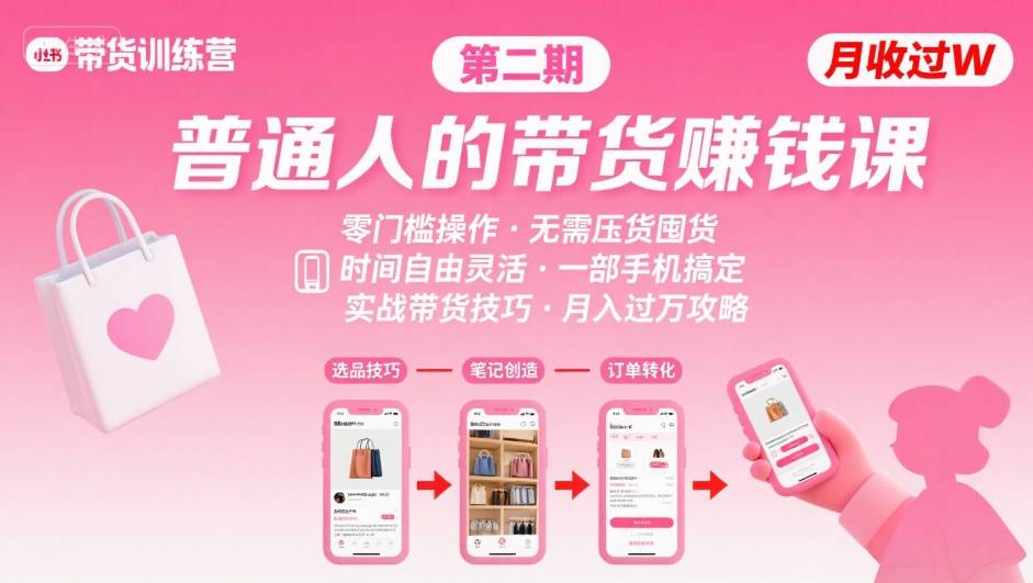 小红书带货第二期训练营，普通人月收过W的带货课，时间自由，零门槛无压货，一部手机即可操作-卿云社