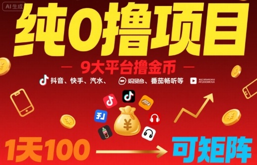 纯0撸项目，9大平台撸金币，抖音，快手，汽水，番茄畅听等，1天100，可矩阵-卿云社