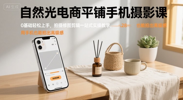 自然光电商平铺手机摄影课，0基础轻松上手，拍摄修图剪辑一站式实操教学，用手机也能拍出高级感-卿云社