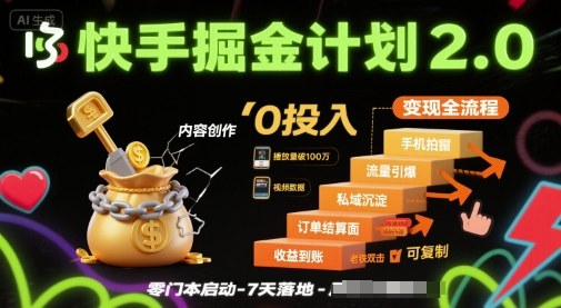 快手掘金计划2.0，快手电商变现全流程，简单可复制，0投入-卿云社