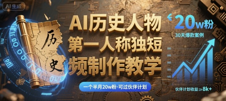 最新AI历史人物第一人称独白短视频制作教学，一个半月20w粉，可过伙伴计划-卿云社
