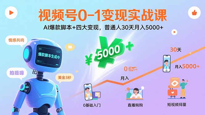 视频号0-1变现实战课：AI爆款脚本+四大变现，普通人30天月入5000+-卿云社