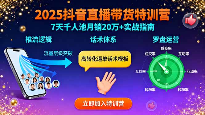 2025抖音直播带货特训：推流逻辑、话术体系、罗盘运营,7天千人池月销20万+-卿云社