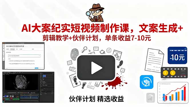 AI大案纪实短视频制作课，文案生成+剪辑教学+伙伴计划，单条收益7-10元-卿云社