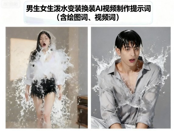 男生女生泼水变装换装AI视频制作提示词(含绘图词、视频词)-卿云社