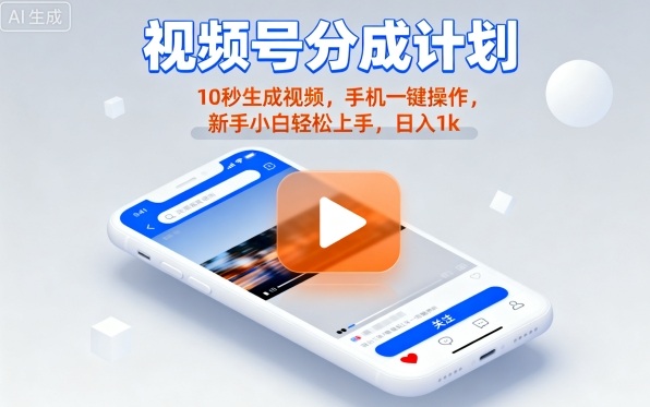 视频号分成计划懒人玩法，10秒生成视频，手机一键操作，新手小白轻松上手，日入1K【揭秘】-卿云社