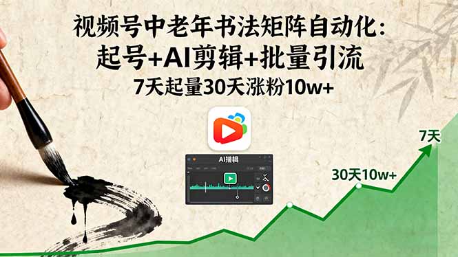 视频号中老年书法矩阵自动化：起号+AI剪辑+批量引流 7天起量30天涨粉10w+-卿云社