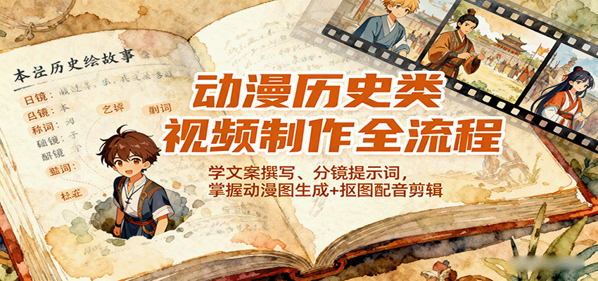 动漫历史类视频制作全流程，学文案撰写、分镜提示词，掌握动漫图生成+抠图配音剪辑-卿云社