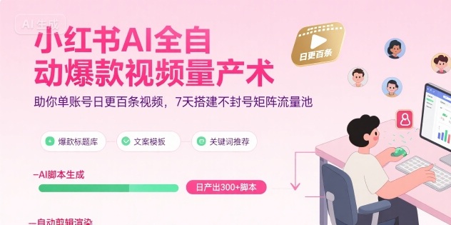 小红书AI全自动爆款视频量产术，助你单账号日更百条视频，7天搭建不封号矩阵流量池(更新9月)-卿云社