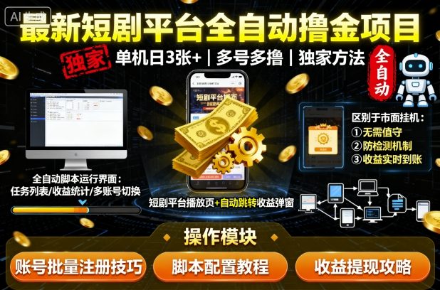 最新短剧平台全自动挂G撸金项目，单机一天3张+，多号多撸，区别于市面所有挂机项目，独家方法【揭秘】-卿云社