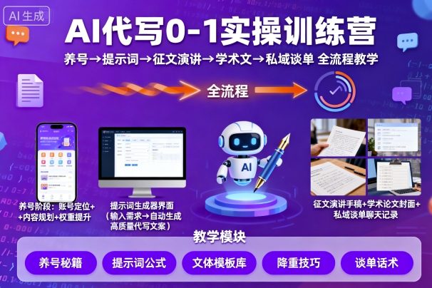 AI代写0-1实操训练营，从养号、提示词、征文演讲、学术文，到私域谈单的全流程教学-卿云社