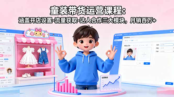 童装带货运营课程：涵盖开店设置-流量获取-达人合作三大模块，月销百万+-卿云社