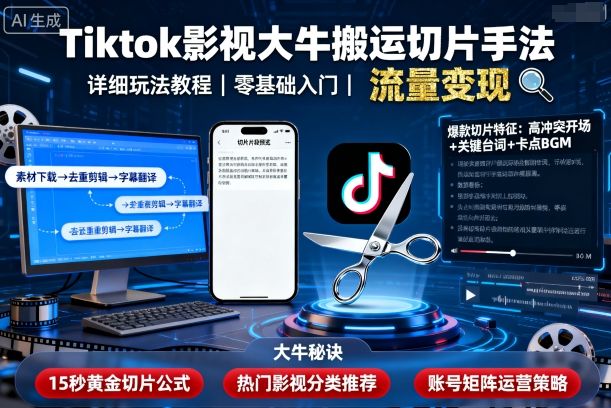 Tiktok影视大牛搬运切片手法，详细玩法教程-卿云社