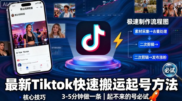 最新Tiktok快速搬运快速起号方法，3-5分钟做一条，起不来的号可以试试-卿云社
