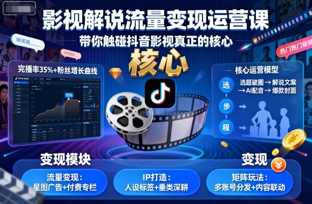 影视解说流量变现运营课，带你触碰抖音影视真正的核心-卿云社
