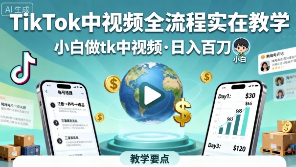 TikTok中视频全流程实操教学，小白做tk中视频，日入百刀-卿云社