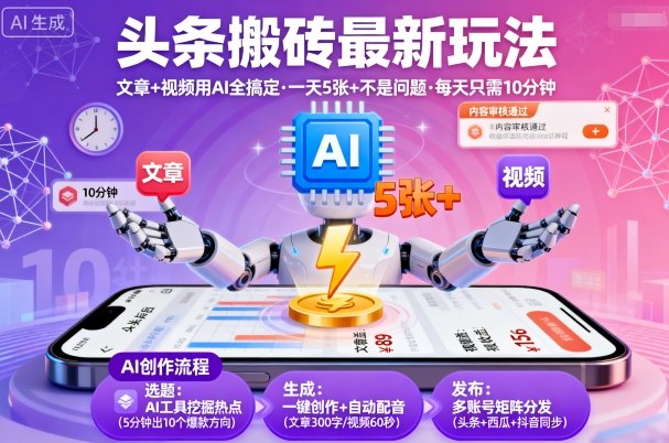 头条搬砖最新玩法，文章+视频用AI全搞定，一天5张+不是问题，每天只需10分钟-卿云社