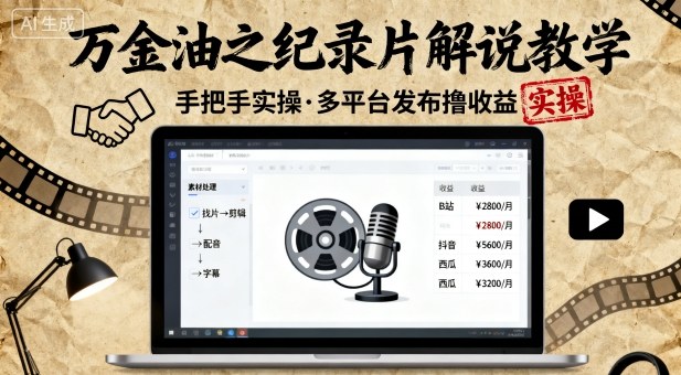 万金油之纪录片解说教学，手把手教你，完全实操，多平台发布撸收益-卿云社