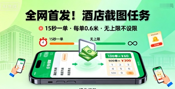 全网首发！酒店截图任务，15秒一单，每单0.6米，任务无上限不设限，矩阵操作单日3张到手【揭秘】-卿云社