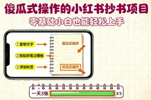 傻瓜式操作的小红书抄书项目，会复制粘贴就行，零基础小白也能一天3张-卿云社