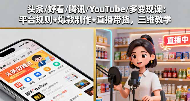 头条/好看/腾讯/YouTube/多变现课：平台规则+爆款制作+直播带货，三维教学-卿云社