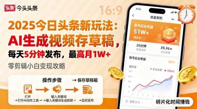 2025年今日头条躺賺新玩法，AI生成视频存草稿，每天5分钟发布，最高月1W+【揭秘】-卿云社